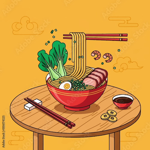 A vibrant illustration of a delicious bowl of ramen noodles with pork, egg, bok choy, and shrimp, served on a wooden table with chopsticks and soy sauce.