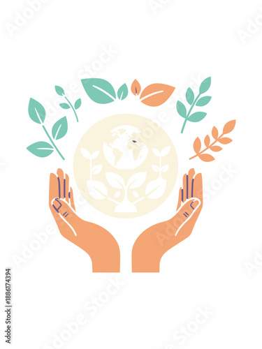 Ecology Concept with Hands Supporting Earth and Growing Leaves