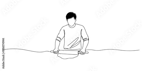 Continuous one line of a person rolling dough with a rolling pin, symbolizing baking, tradition, and craft, drawn vector illustration.