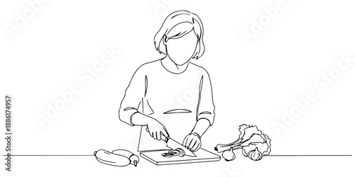 Continuous one line of a person chopping vegetables on a cutting board, symbolizing cooking, freshness, and lifestyle, drawn vector illustration.