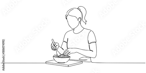 Continuous one line of a person preparing a salad in a bowl, symbolizing health, freshness, and wellness, drawn vector illustration.