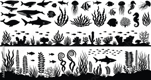 Large set of underwater sea life silhouettes, ocean animals fish whales sharks jellyfish and coral reef plants, marine nature flat vector illustration