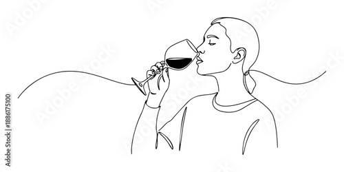 Continuous one line of a person drinking wine from a glass, representing lifestyle, flavor, and culture, drawn vector illustration.