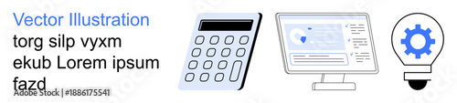 Business solutions, technology, analytics, creative ideas, software interface, innovation. Calculator, screen with interface light bulb with gear icon. Business solutions and technology-themed