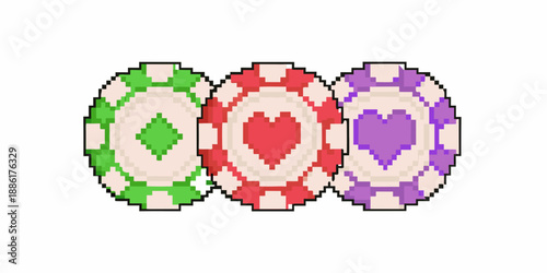 Three colorful pixel art casino chips with heart diamond and club symbols