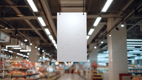 A blank hanging banner inside a shop or supermarket for advertising mockups