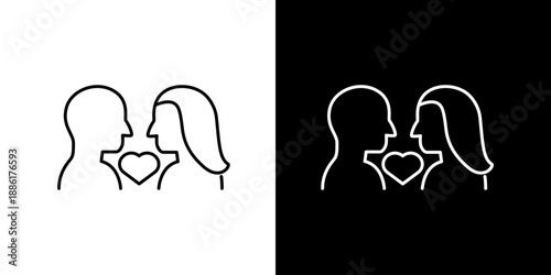 Single icon of two people's profiles in silhouette facing each other with a heart shape between them, symbolizing love and connection