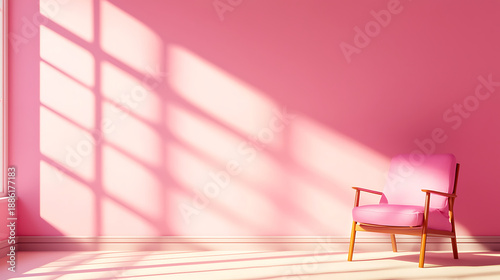 Minimal pink room features stylish armchair, bathed in soft light and shadows, creating serene atmosphere