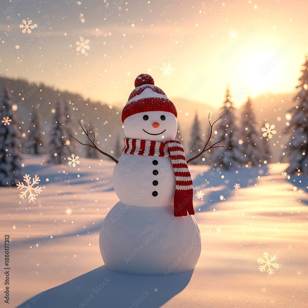 Obraz premium Snowman in winter wonderland at sunset, festive scene.