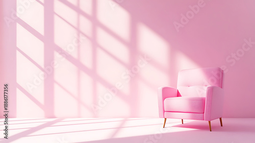 Minimal pink room features stylish armchair, casting soft shadows on floor, creating serene and inviting atmosphere