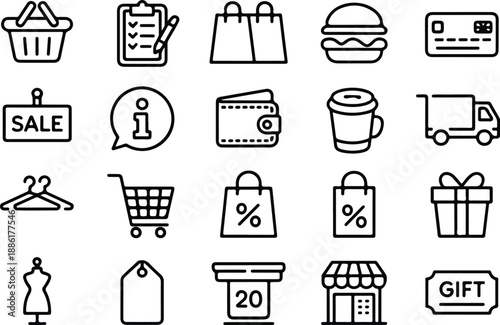Shopping and Ecommerce Outline Icons Retail, Sale, Delivery, and Payment Symbols