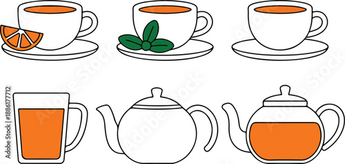 Tea Cups and Teapot Vector Set Lemon Tea, Herbal Tea Leaves, and Glass Mug Illustrations