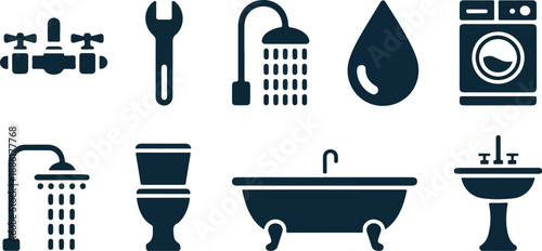 Bathroom Plumbing Icons Vector Set Faucets, Shower, Toilet, Sink, and Water Repair Symbols