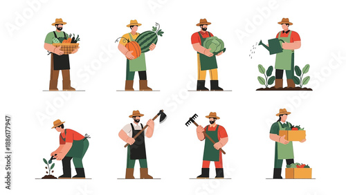 Agriculture Farmer Characters Modern Flat Vector Set Illustration