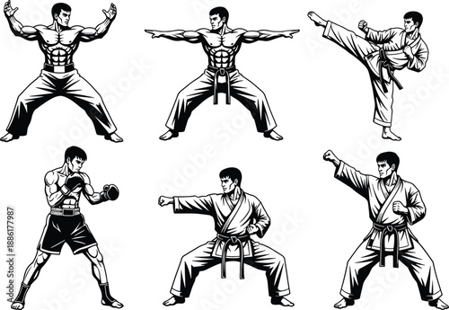 Martial arts fighters illustration set showing karate boxing and kung fu combat poses training vector art isolated background