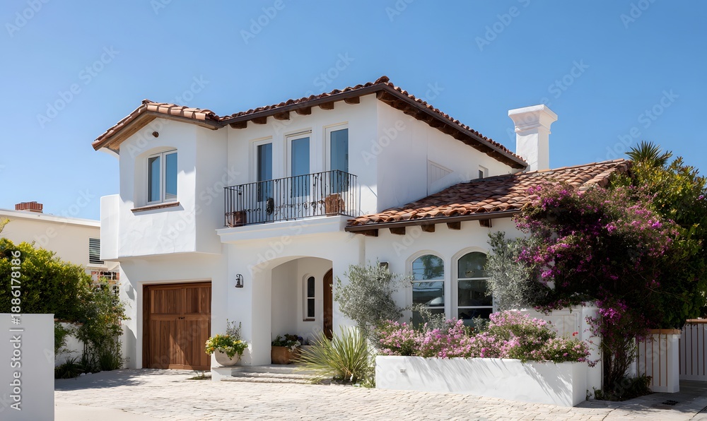 Fototapeta premium A Mediterranean-style house, white stucco walls, arched windows, terracotta roof tiles