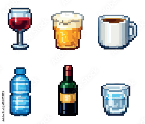 Collection of pixel art beverages: wine, beer, coffee, water bottle, glass