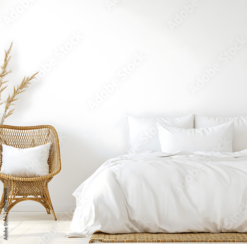 Serene bedroom featuring cozy bed with white bedding and stylish rattan chair, creating calm and inviting atmosphere