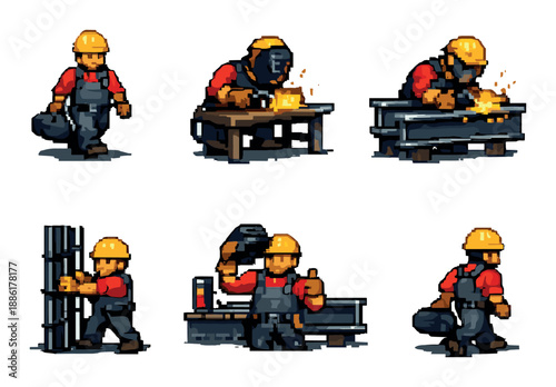 Pixel art workers in construction gear performing welding tasks