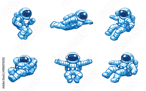 Cartoon astronaut characters floating in space with spacesuits
