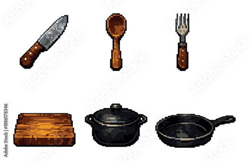 Pixel art kitchen utensils set with knife, spoon, fork, cutting board, pot, and pan