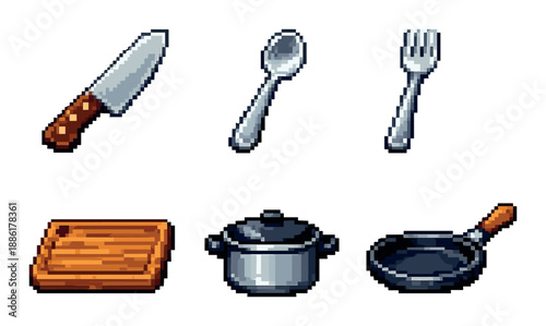 Pixel art kitchen utensils set with knife, spoon, fork, cutting board, pot, and pan
