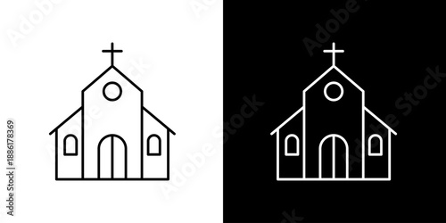 Two outline icons of a church building, one in black on white and the other in white on black