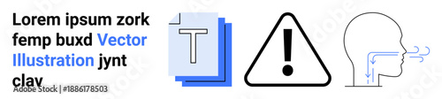 Digital communication, warnings and safety, documentation, respiratory health, educational tools, technology concepts. Text pages, exclamation mark and airflow diagram. Digital communication