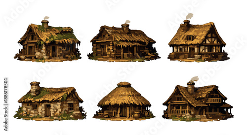 Six rustic medieval cottages with thatch roofs and chimneys