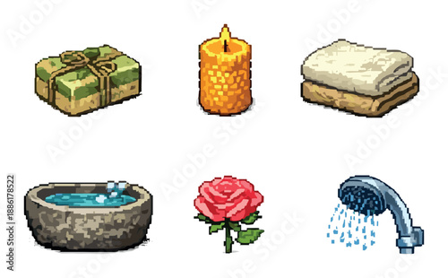 Pixel art relaxation icons: aromatherapy candle, bath, rose, towel, soap, shower