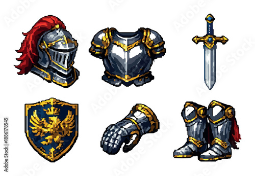 Medieval knight armor set with sword and shield in pixel art style