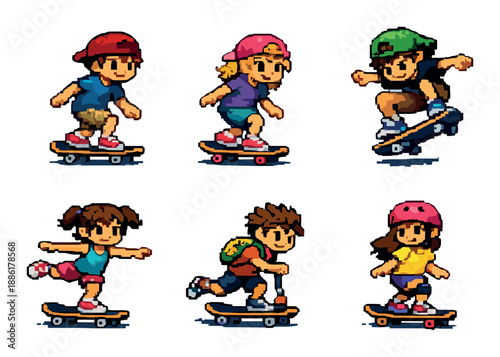 Colorful pixel art of children skateboarding with joyful expressions