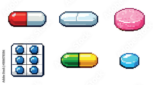 Set of colorful pixelated pills and capsules on gradient background