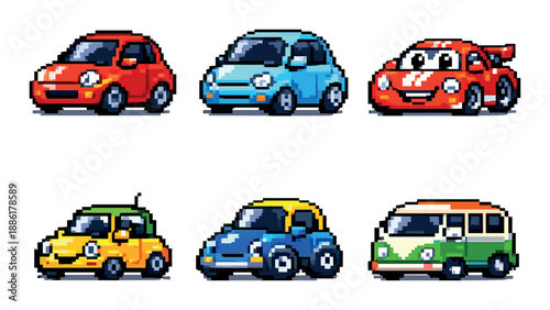 Pixel art cars collection featuring colorful retro and modern cartoon vehicles