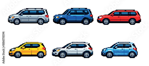 Pixel art suvs: colorful side profiles of yellow, blue, red, and white cars on gradient background