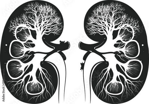 Artistic human kidney illustration with branching vascular anatomy, combining medical accuracy and creative design for educational vector use