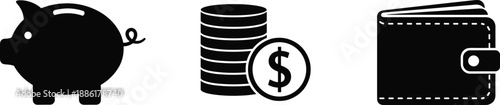 Black financial icons set featuring piggy bank, coin stack, and wallet symbols for savings, currency, and personal finance concepts.