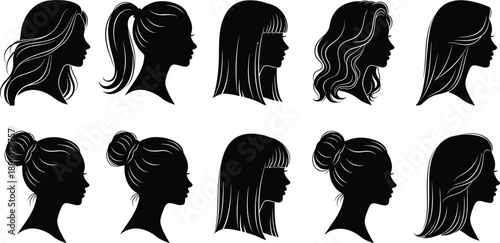 Black Silhouette Female Head Profiles with Diverse Hairstyles in Side View, Perfect for Fashion, Beauty, Hair Design and Styling Concepts