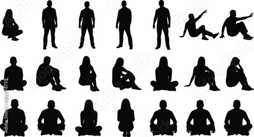 Black Silhouettes of People in Various Sitting and Standing Poses, Ideal for Anatomy Study, Art Reference, and Posture Design