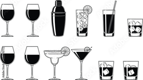 Black and white illustrations of assorted drinkware and beverages including wine, cocktail, martini, and lowball glasses with garnishes.