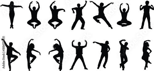 Dynamic dancer silhouettes set showing expressive poses, modern dance movements, fitness and yoga inspired figures isolated on white background