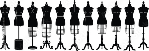Large set of black female tailor mannequin silhouettes and dress forms on various stands for fashion design sewing and boutique apparel display