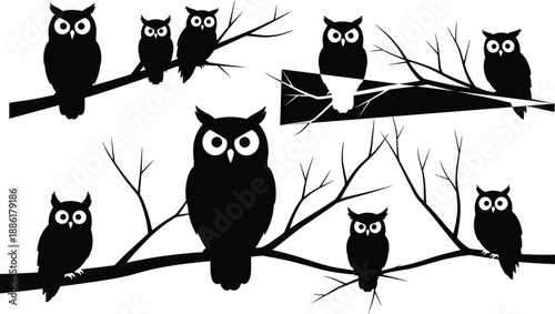 Silhouette illustration of nine expressive owls perched on leafless tree branches, showcasing symmetry, contrast, and minimalist wildlife design.
