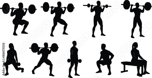 Silhouettes of people performing squats and weightlifting exercises, showcasing strength training form, fitness technique, and gym workout variety.