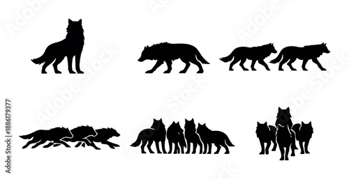 Silhouettes of wolves in various poses and group formations