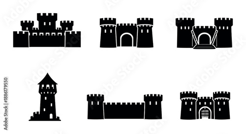 Set of medieval castle silhouettes on dark background
