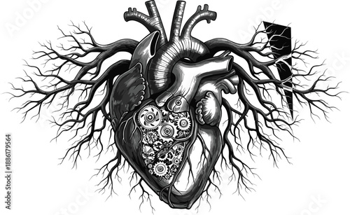 Stylized human heart with mechanical gears and branching arteries in surreal black vector design symbolizing anatomy and technology fusion