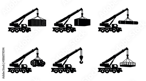 Silhouettes of industrial crane trucks lifting various loads in dark setting