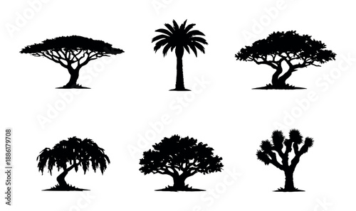 Silhouettes of diverse tree shapes on gray background