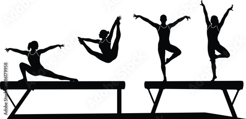 Women gymnastics balance beam silhouette set showing elegant poses, flexibility and athletic performance isolated on white background illustration